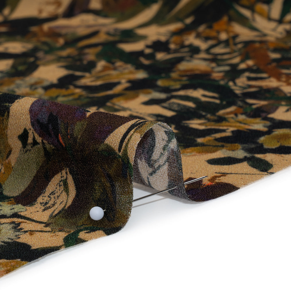 Cotton Crepe - Dark Green, Pale Golden Yellow and Red Brown Floral - Mood Exclusive Golden Grove Print - Detail