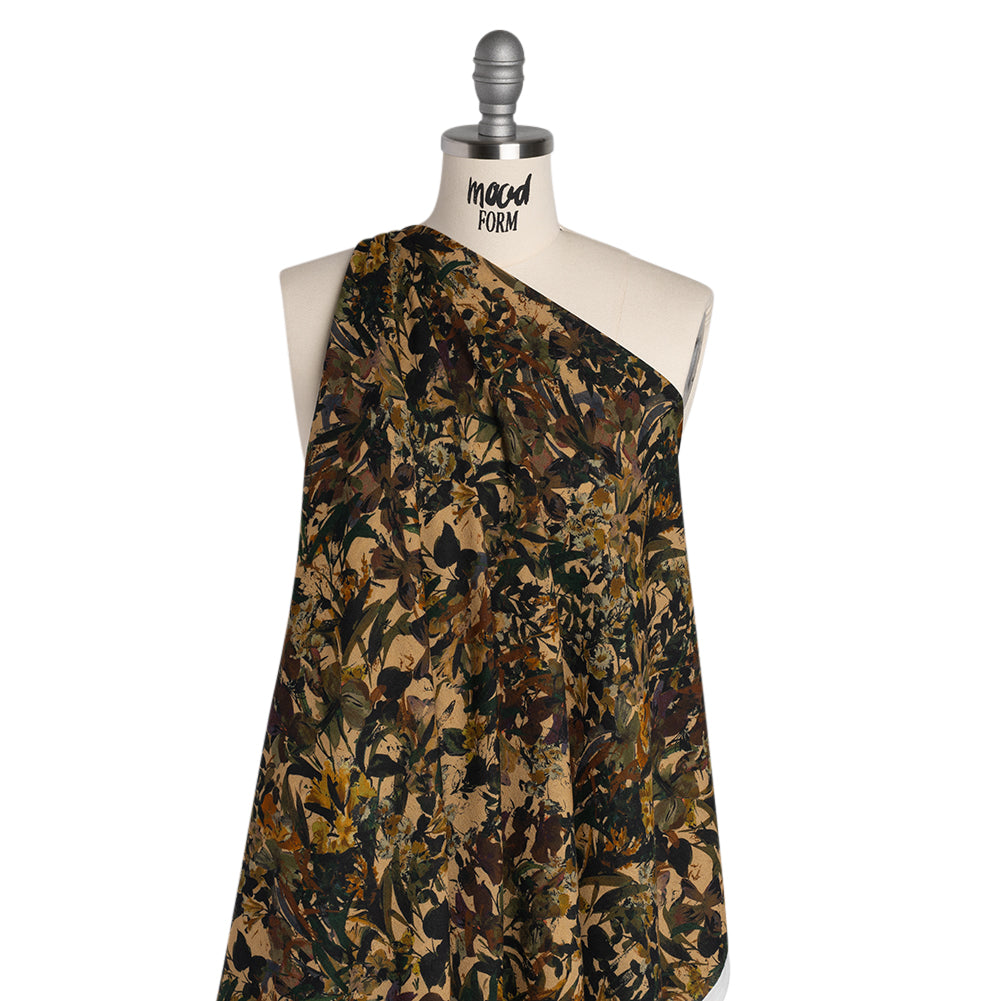 Cotton Crepe - Dark Green, Pale Golden Yellow and Red Brown Floral - Mood Exclusive Golden Grove Print - Drape