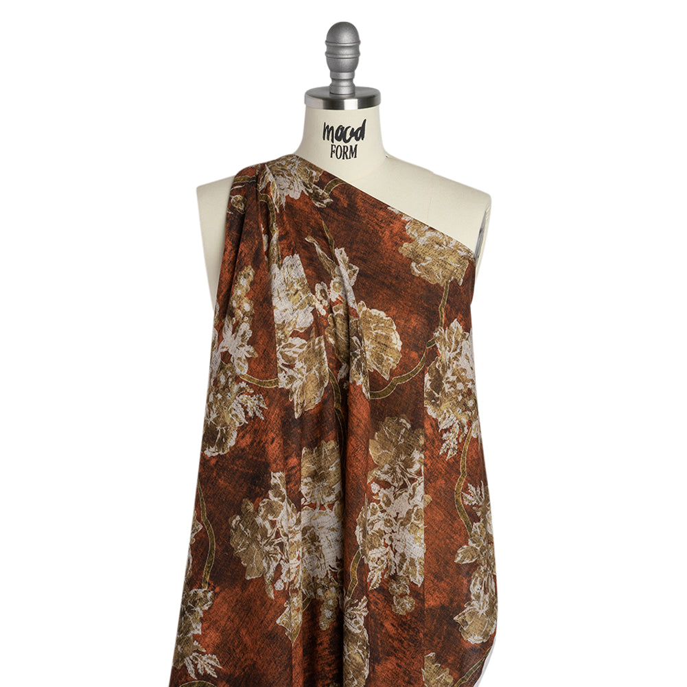 Cotton Crepe - Red Ochre, Beige and Cream Distressed Roses and Frames - Mood Exclusive Gilded Memory Print - Drape