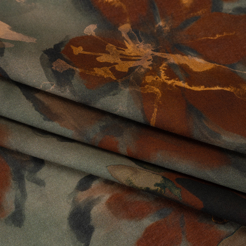Cotton Crepe - Sage Green, Burgundy and Creamsicle Orange Painted Flowers - Mood Exclusive Lily Tranquility Print - Folded