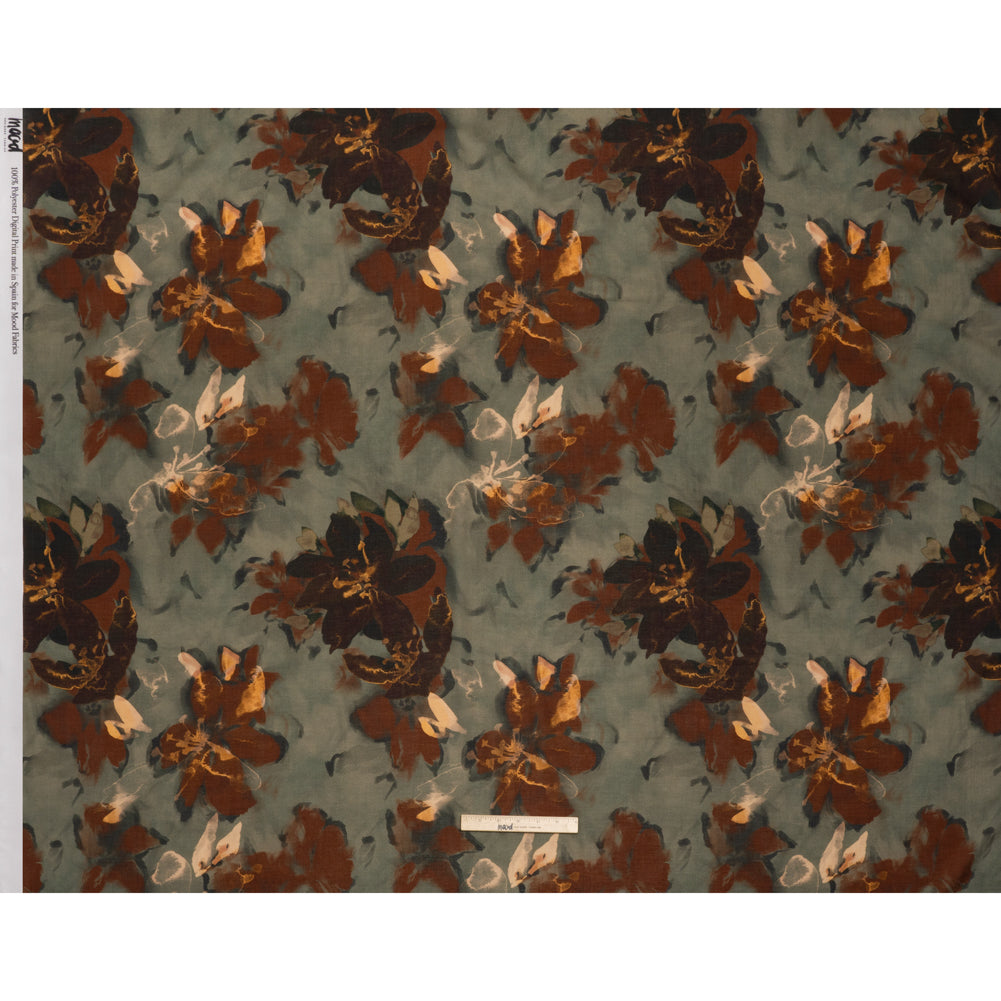 Cotton Crepe - Sage Green, Burgundy and Creamsicle Orange Painted Flowers - Mood Exclusive Lily Tranquility Print - Full