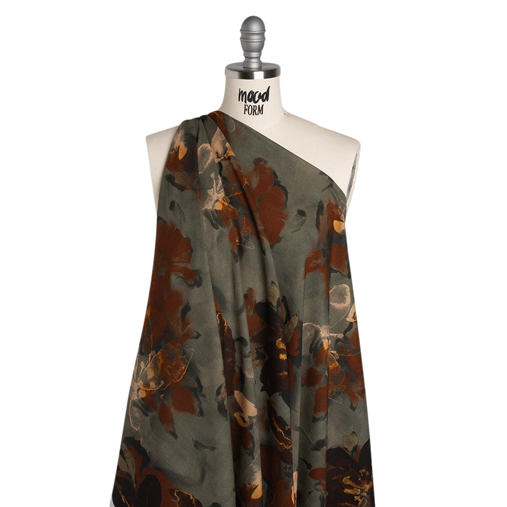 Cotton Crepe - Sage Green, Burgundy and Creamsicle Orange Painted Flowers - Mood Exclusive Lily Tranquility Print - Drape