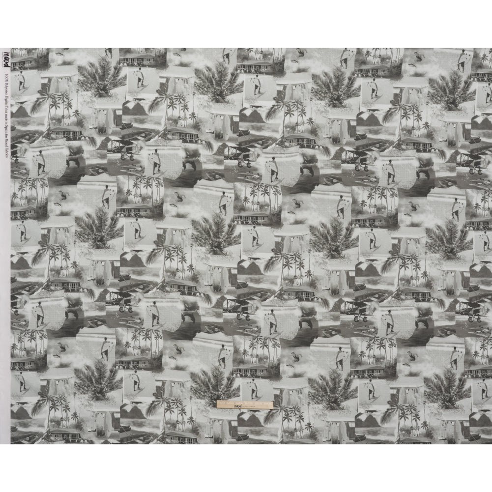 Cotton Crepe - Black, White and Gray Beach Scenes Patchwork - Mood Exclusive Seaside Snapshots Print - Full