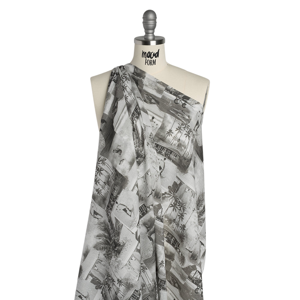 Cotton Crepe - Black, White and Gray Beach Scenes Patchwork - Mood Exclusive Seaside Snapshots Print - Drape