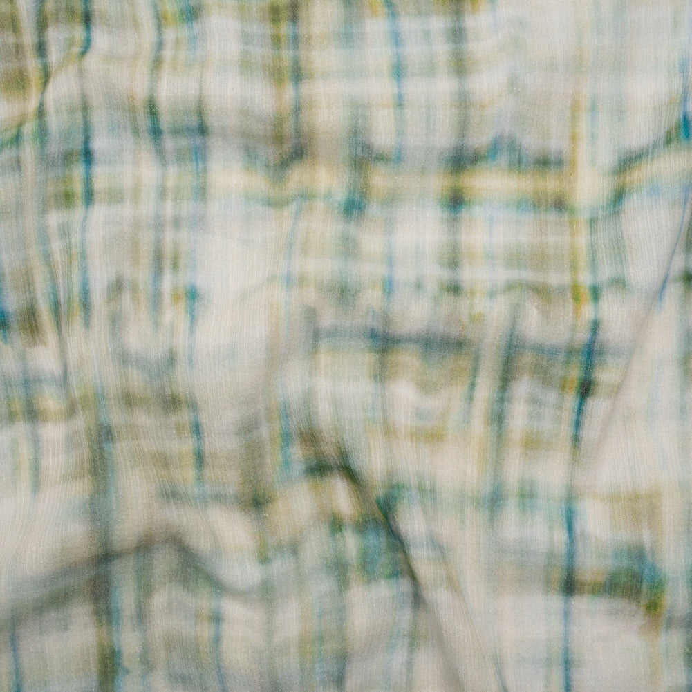 Slubbed Gauzy Cotton Woven - Cream, Turquoise and Olive Green Tie Dye - Mood Exclusive Sunlit Swale Print