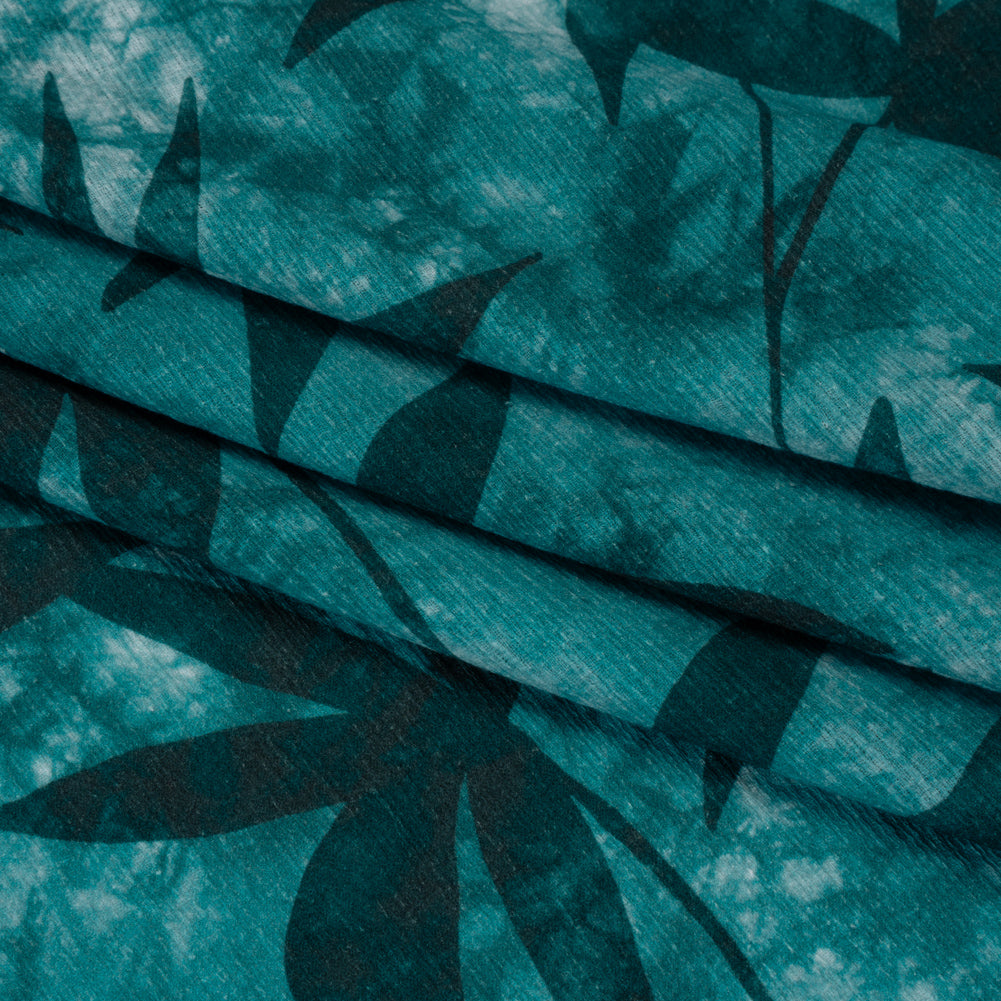 Slubbed Gauzy Cotton Woven - Teal and Turquoise Leaves on Tie Dye - Mood Exclusive Submerged Serenity Print