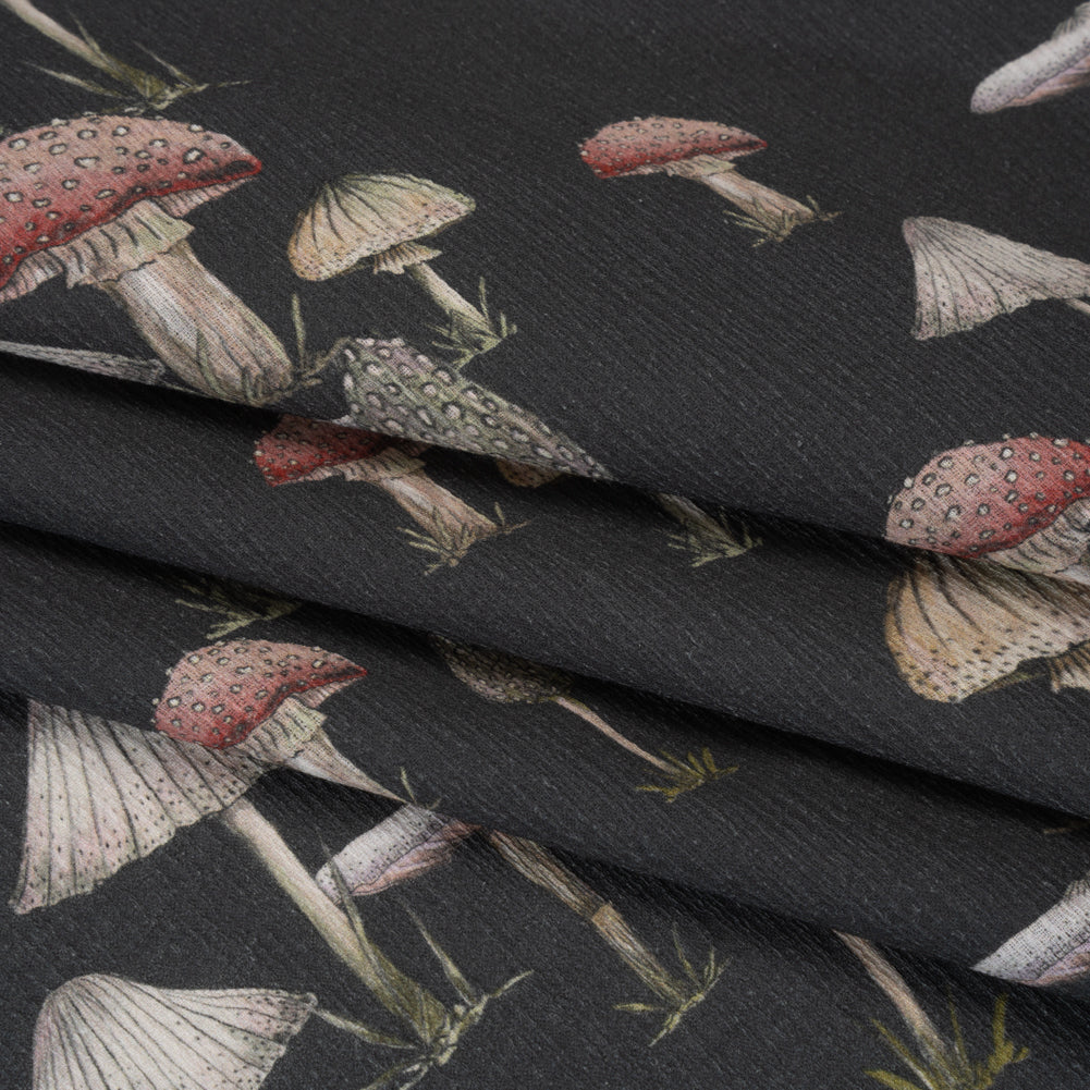 Slubbed Gauzy Cotton Woven - Charcoal, Red and Beige Mushrooms - Mood Exclusive Moonlit Mycelium Print - Folded