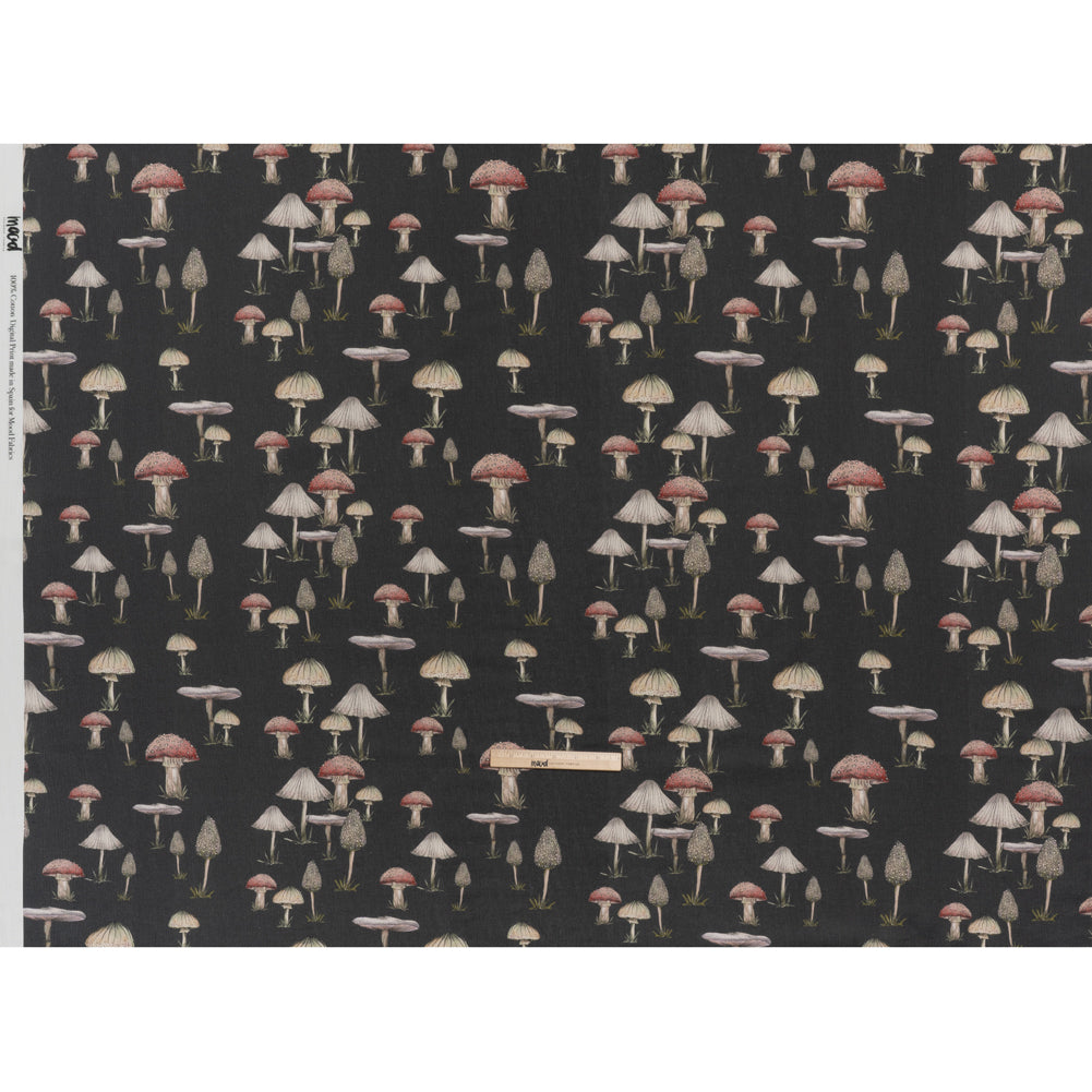 Slubbed Gauzy Cotton Woven - Charcoal, Red and Beige Mushrooms - Mood Exclusive Moonlit Mycelium Print - Full