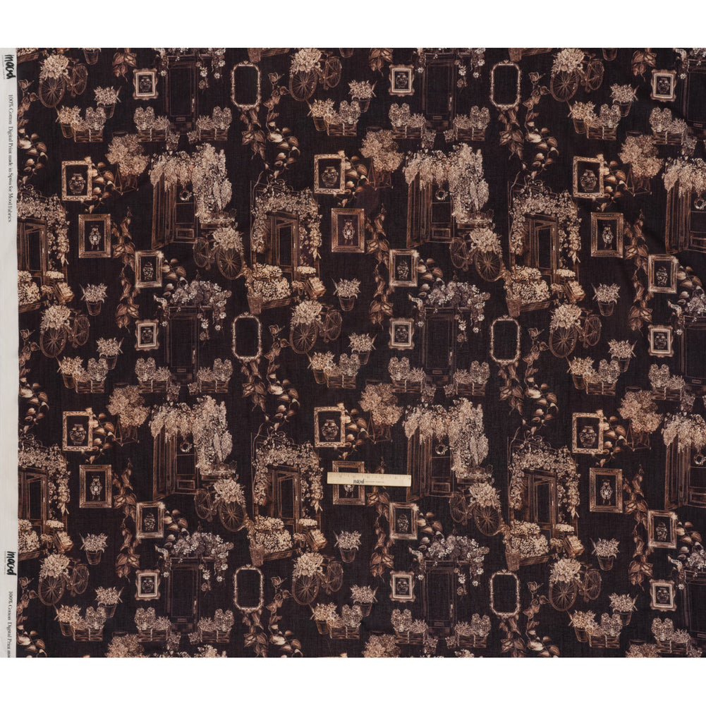 Crinkled Cotton Gauzy Woven - Dark Brown and Cream Flowers and Framed Photos - Mood Exclusive Coffee Date Print