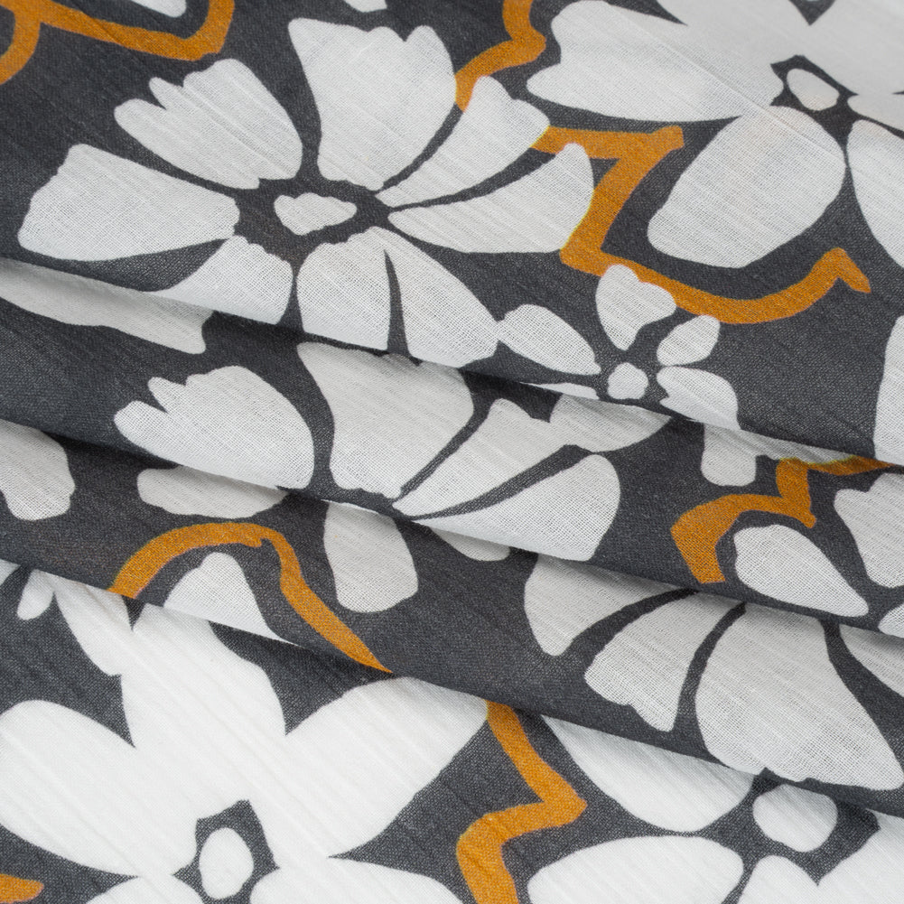 Crinkled Cotton Gauzy Woven - Charcoal Gray, Golden Orange and White Floral - Mood Exclusive Spring Squall Print - Folded