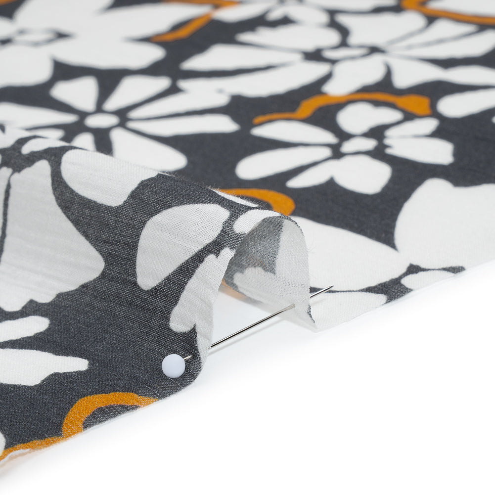 Crinkled Cotton Gauzy Woven - Charcoal Gray, Golden Orange and White Floral - Mood Exclusive Spring Squall Print - Detail