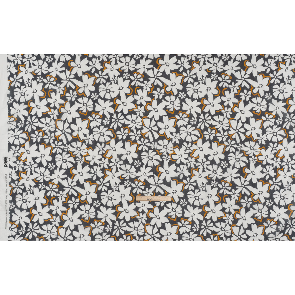 Crinkled Cotton Gauzy Woven - Charcoal Gray, Golden Orange and White Floral - Mood Exclusive Spring Squall Print - Full