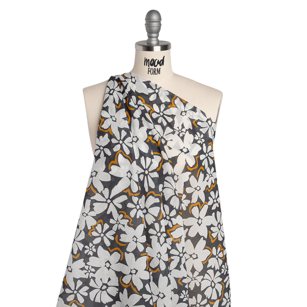 Crinkled Cotton Gauzy Woven - Charcoal Gray, Golden Orange and White Floral - Mood Exclusive Spring Squall Print - Drape
