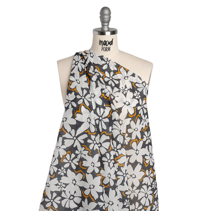 Crinkled Cotton Gauzy Woven - Charcoal Gray, Golden Orange and White Floral - Mood Exclusive Spring Squall Print