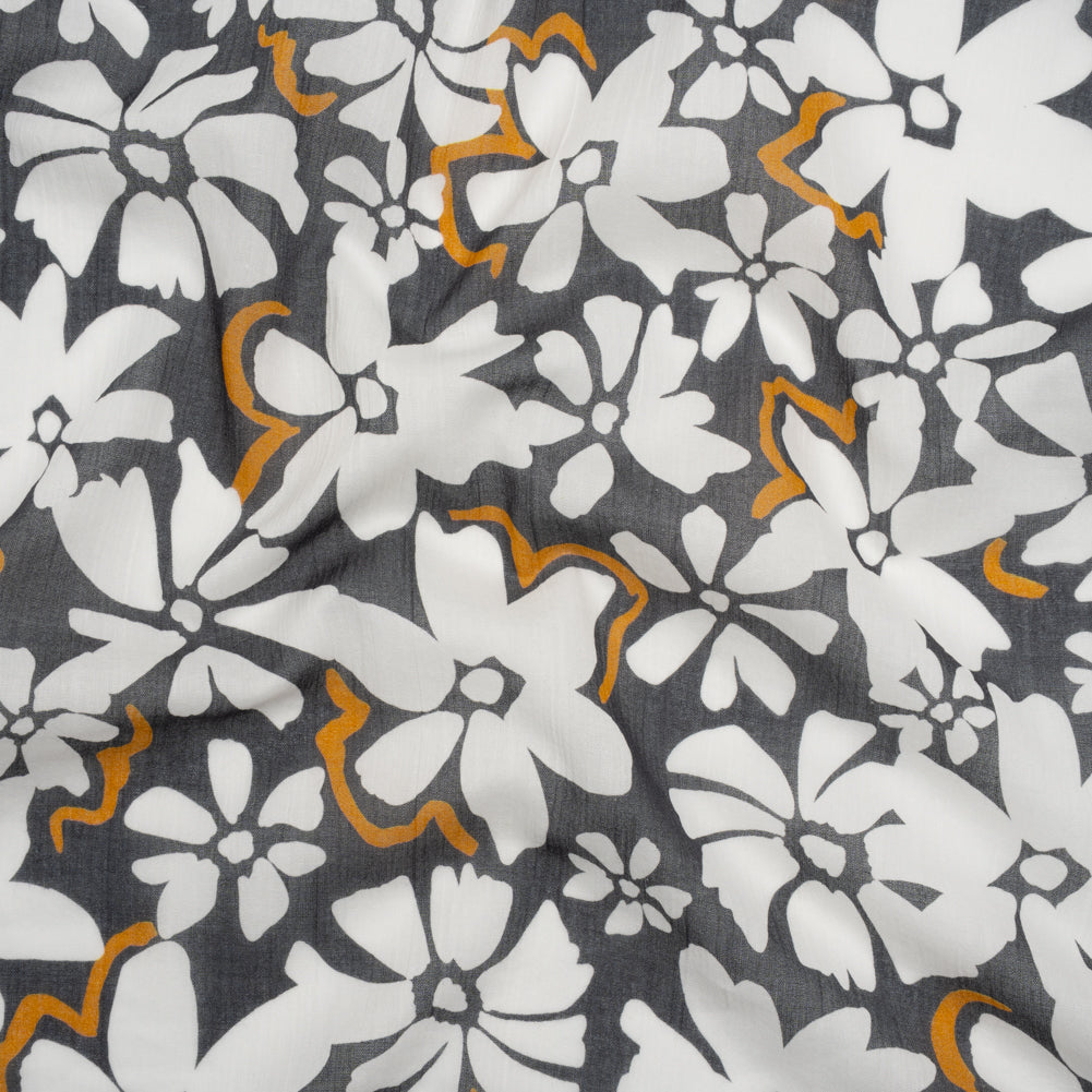 Crinkled Cotton Gauzy Woven - Charcoal Gray, Golden Orange and White Floral - Mood Exclusive Spring Squall Print