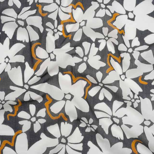 Crinkled Cotton Gauzy Woven - Charcoal Gray, Golden Orange and White Floral - Mood Exclusive Spring Squall Print