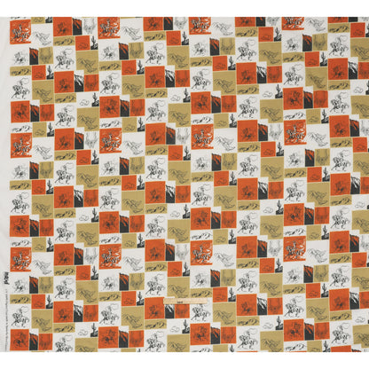 Crinkled Cotton Gauzy Woven - Red Orange, Beige and White Wester Scenes Patchwork - Mood Exclusive Rodeo Reflections Print