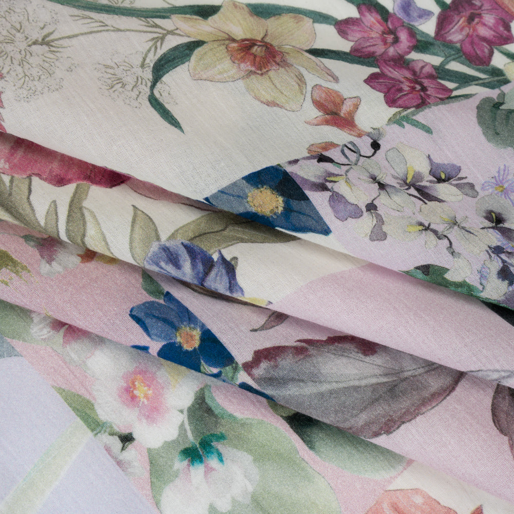 Crinkled Cotton Gauzy Woven - Mauve, Lilac and Muted Green Floral Patchwork - Mood Exclusive Whispering Wind Print - Folded