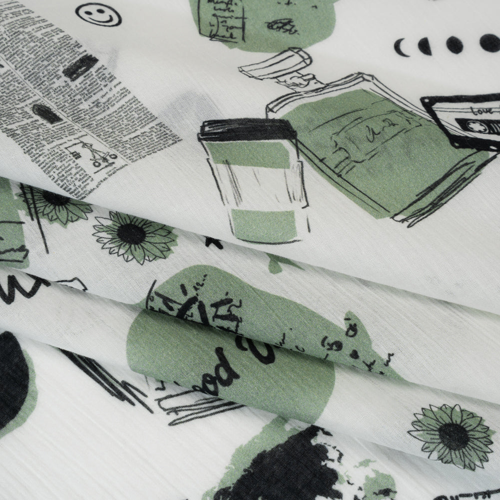 Crinkled Cotton Gauzy Woven - Sage Green, Black and White Miscellaneous Objects - Mood Exclusive Curated Curiosities Print - Folded