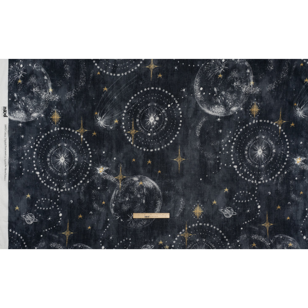 Crinkled Cotton Gauzy Woven - Navy Blue, White and Yellow Starry Sky - Mood Exclusive Little Traveler Print