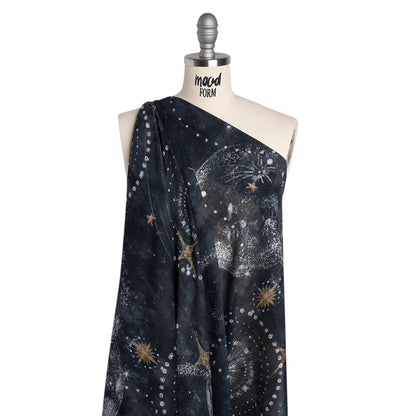 Crinkled Cotton Gauzy Woven - Navy Blue, White and Yellow Starry Sky - Mood Exclusive Little Traveler Print