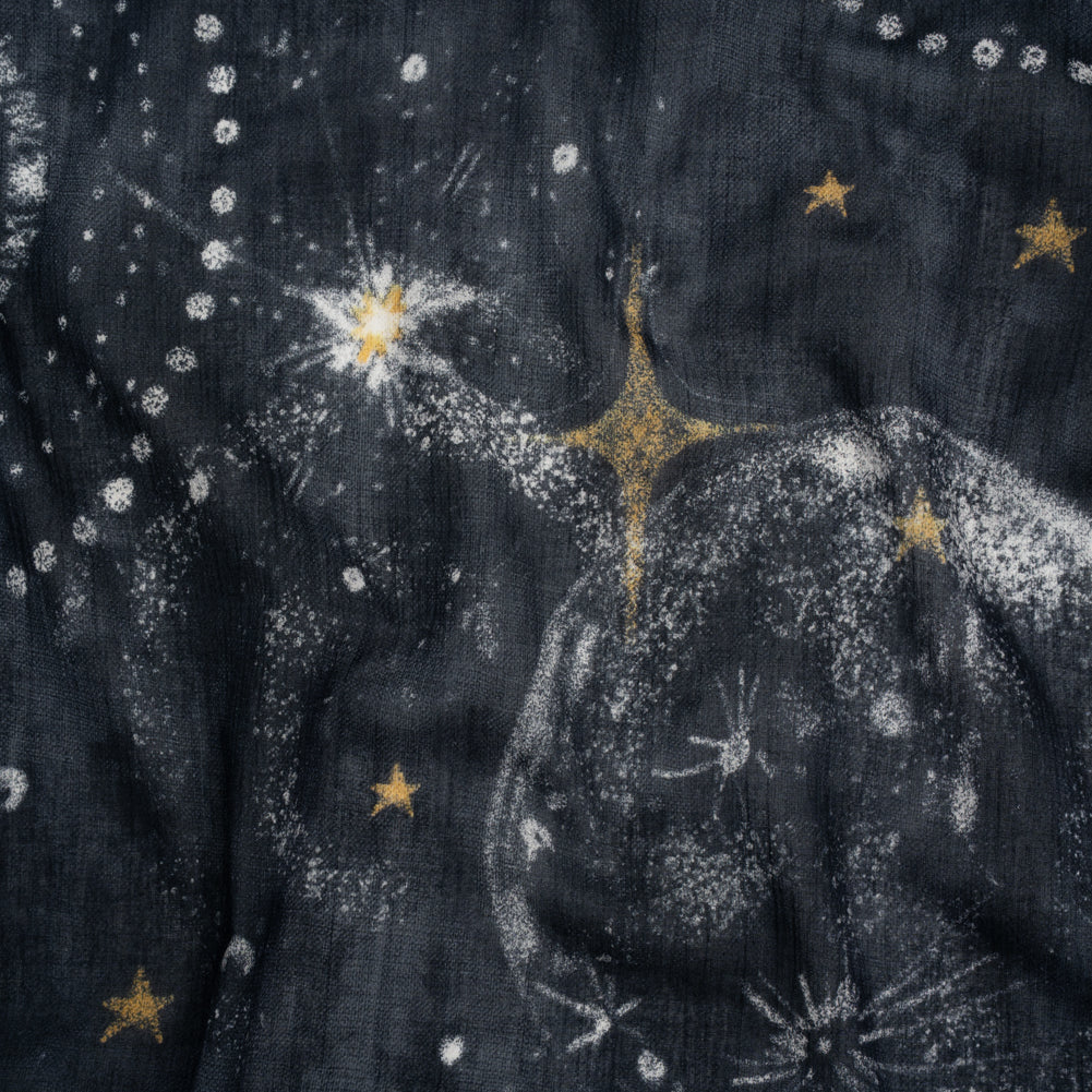 Crinkled Cotton Gauzy Woven - Navy Blue, White and Yellow Starry Sky - Mood Exclusive Little Traveler Print