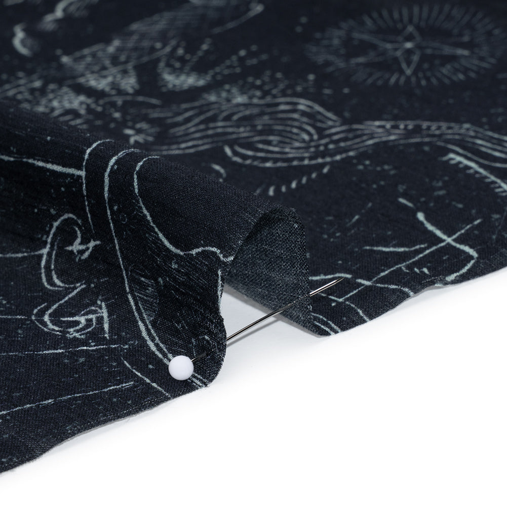 Crinkled Cotton Gauzy Woven - Midnight Blue and White Celestial Motifs - Mood Exclusive Moonlit Tides Print - Detail