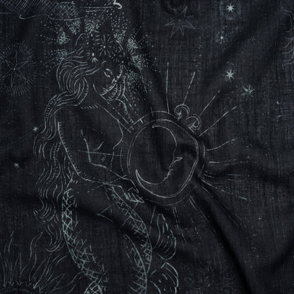 Crinkled Cotton Gauzy Woven - Midnight Blue and White Celestial Motifs - Mood Exclusive Moonlit Tides Print