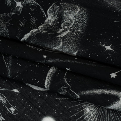 Crinkled Cotton Gauzy Woven - Black and White Sketches in Space - Mood Exclusive Heavenly Horoscope Print