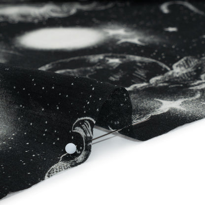 Crinkled Cotton Gauzy Woven - Black and White Sketches in Space - Mood Exclusive Heavenly Horoscope Print