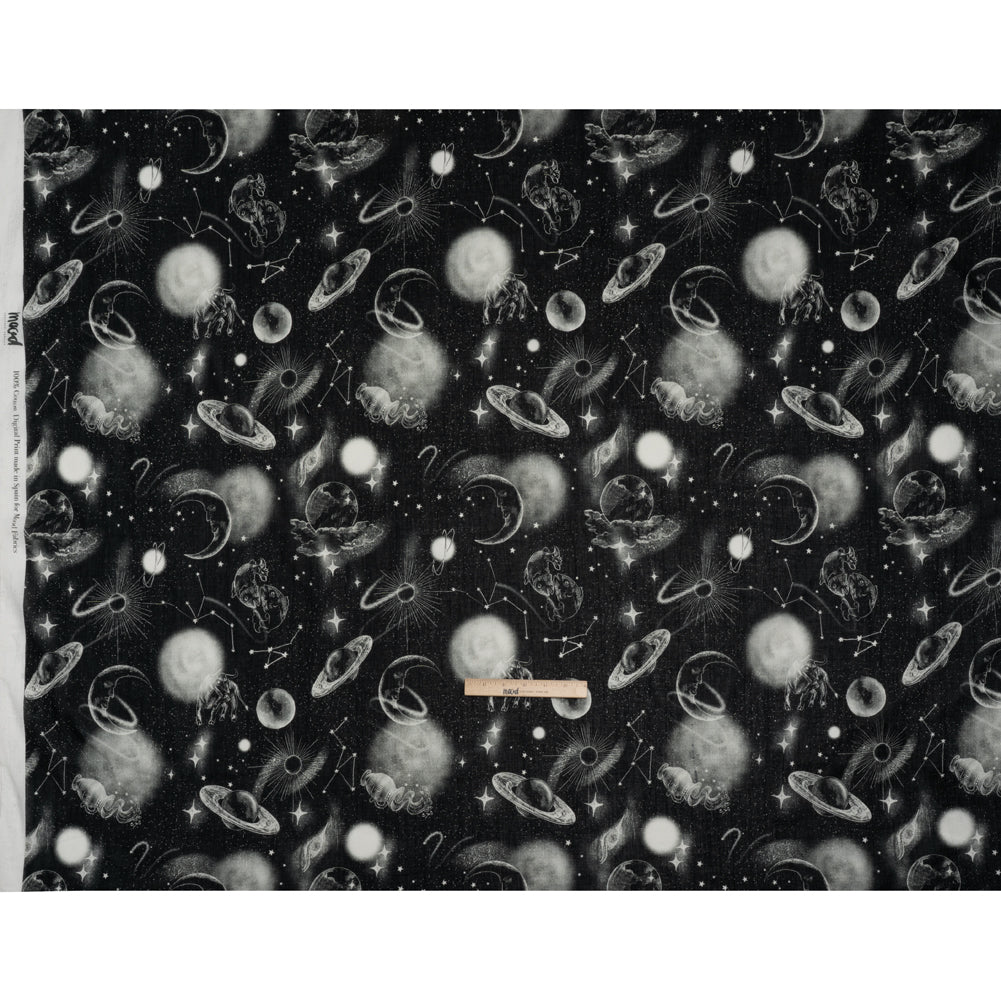 Crinkled Cotton Gauzy Woven - Black and White Sketches in Space - Mood Exclusive Heavenly Horoscope Print