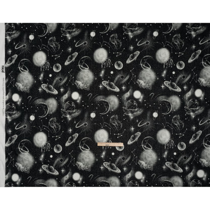 Crinkled Cotton Gauzy Woven - Black and White Sketches in Space - Mood Exclusive Heavenly Horoscope Print