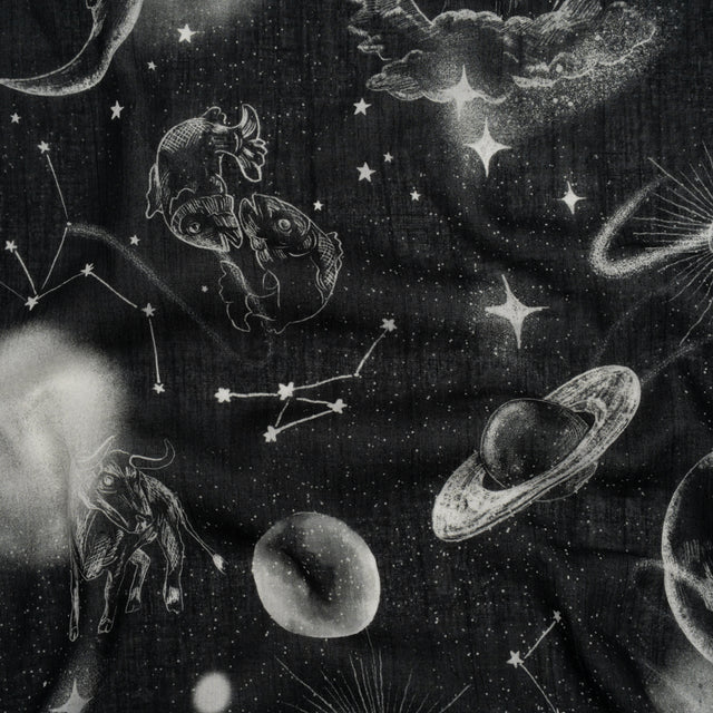 Crinkled Cotton Gauzy Woven - Black and White Sketches in Space - Mood Exclusive Heavenly Horoscope Print