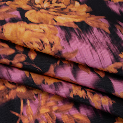 Polyester Mikado - Orange, Pink and Black Ikat Roses - Mood Exclusive Echoed Illusions Print