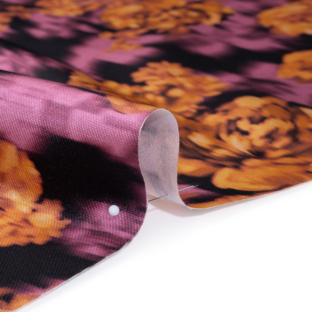 Polyester Mikado - Orange, Pink and Black Ikat Roses - Mood Exclusive Echoed Illusions Print - Detail