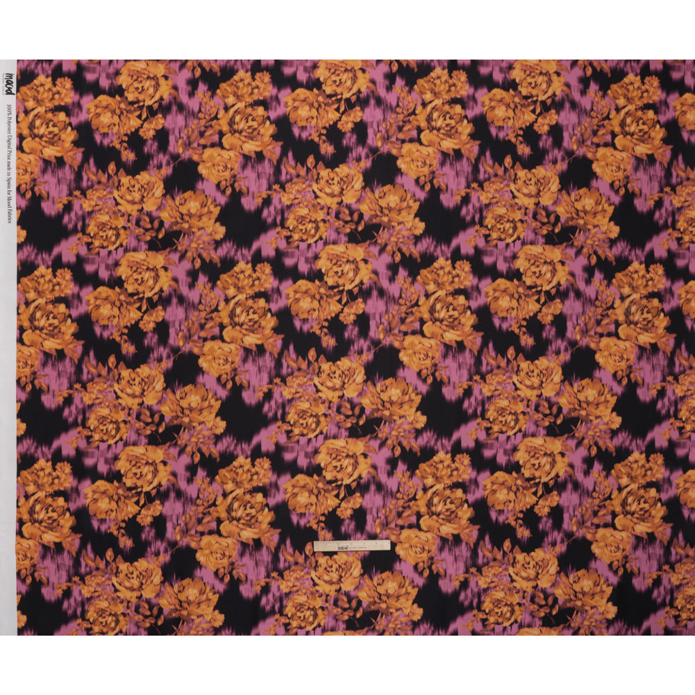 Polyester Mikado - Orange, Pink and Black Ikat Roses - Mood Exclusive Echoed Illusions Print - Full