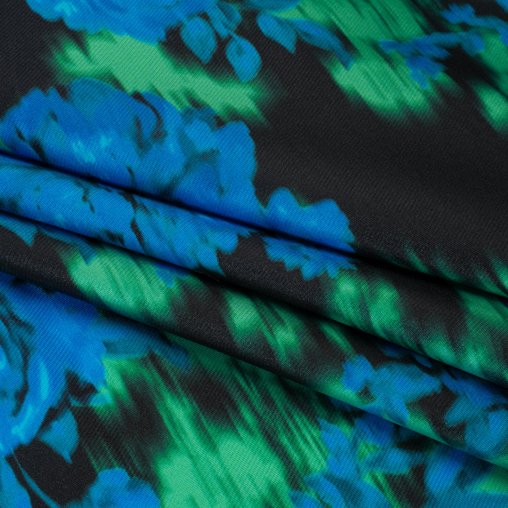 Polyester Mikado - Blue, Green and Black Ikat Roses - Mood Exclusive Echoed Illusions Print - Folded