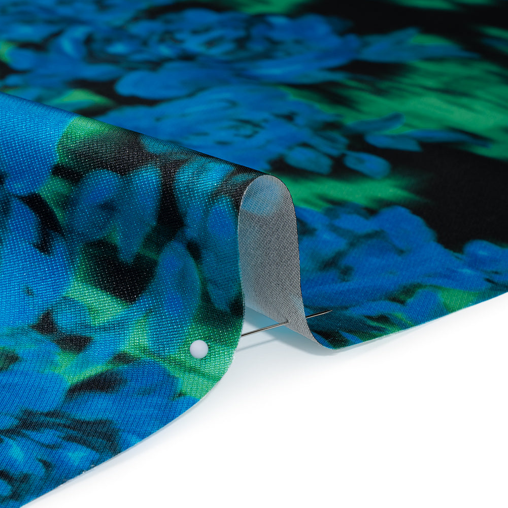 Polyester Mikado - Blue, Green and Black Ikat Roses - Mood Exclusive Echoed Illusions Print - Detail