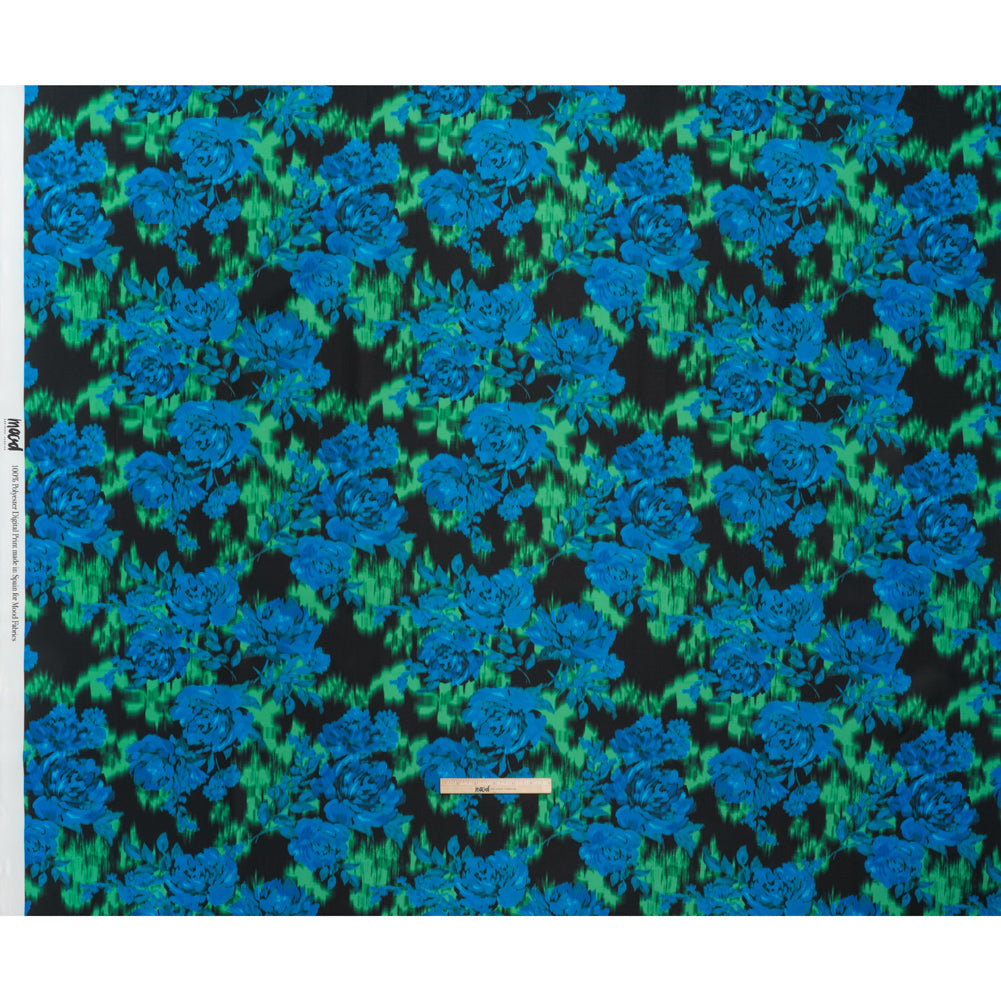 Polyester Mikado - Blue, Green and Black Ikat Roses - Mood Exclusive Echoed Illusions Print - Full
