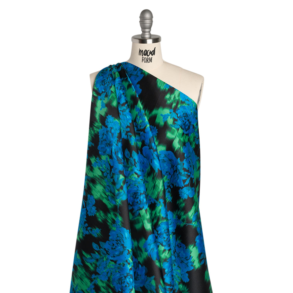 Polyester Mikado - Blue, Green and Black Ikat Roses - Mood Exclusive Echoed Illusions Print - Drape