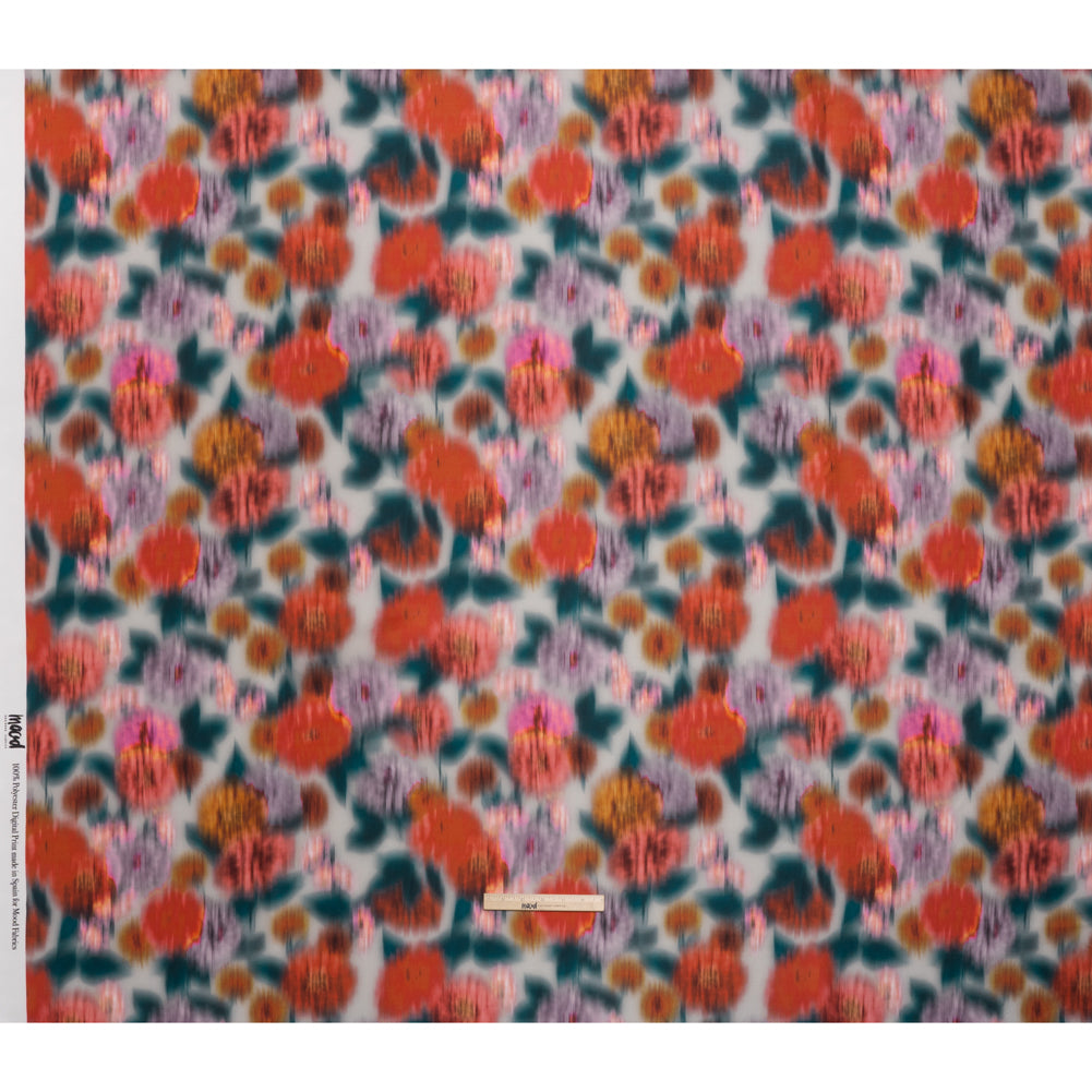 Polyester Mikado - Red Orange, Lilac and Dark Teal Ikat Flowers - Mood Exclusive Echoes of Eden Print