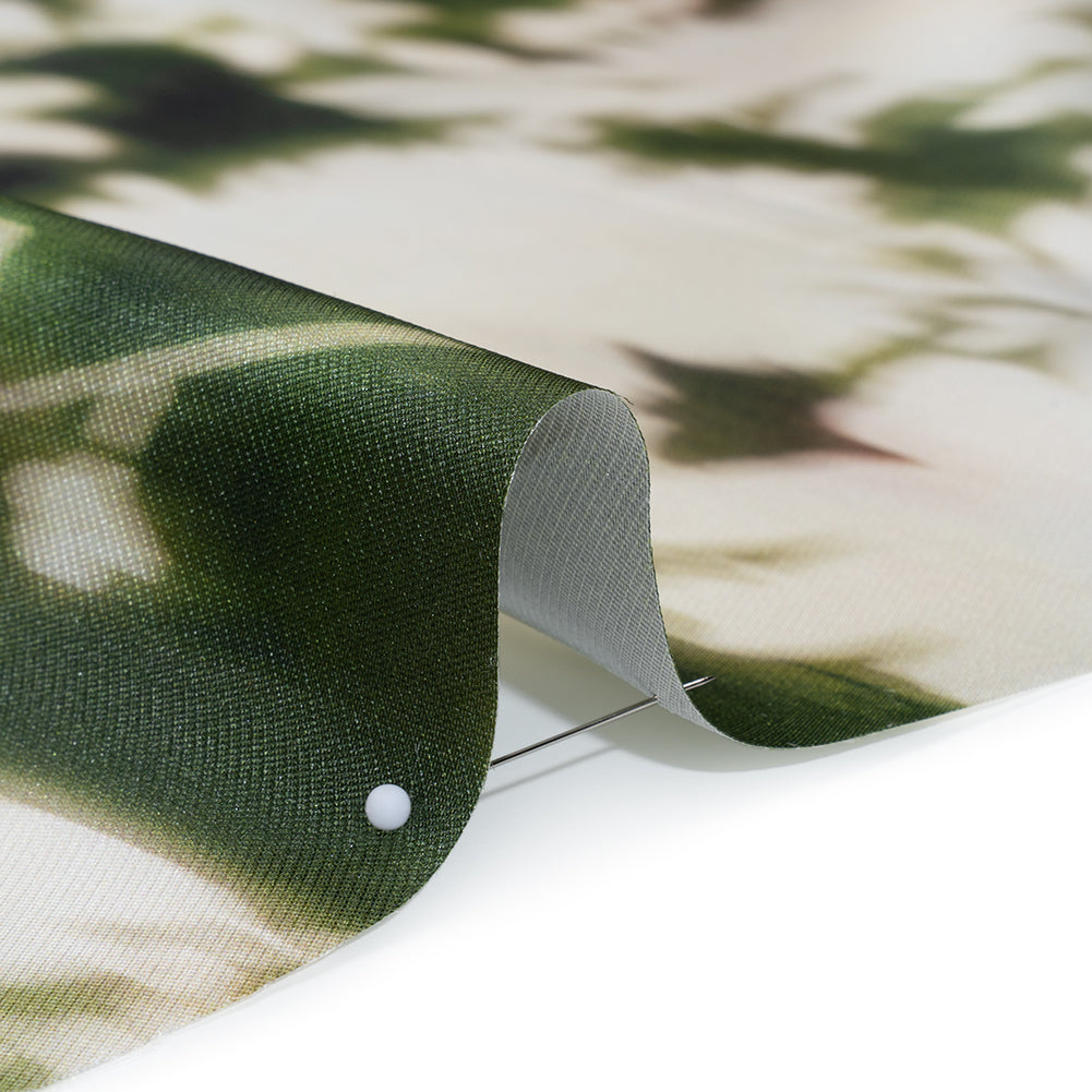 Polyester Mikado - Green and White Ikat Floral Silhouettes - Mood Exclusive Glowscape Garden Print - Detail