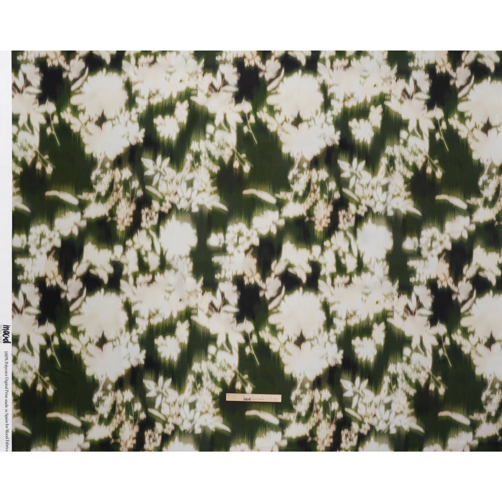 Polyester Mikado - Green and White Ikat Floral Silhouettes - Mood Exclusive Glowscape Garden Print - Full