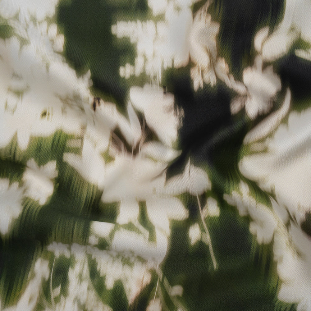 Polyester Mikado - Green and White Ikat Floral Silhouettes - Mood Exclusive Glowscape Garden Print