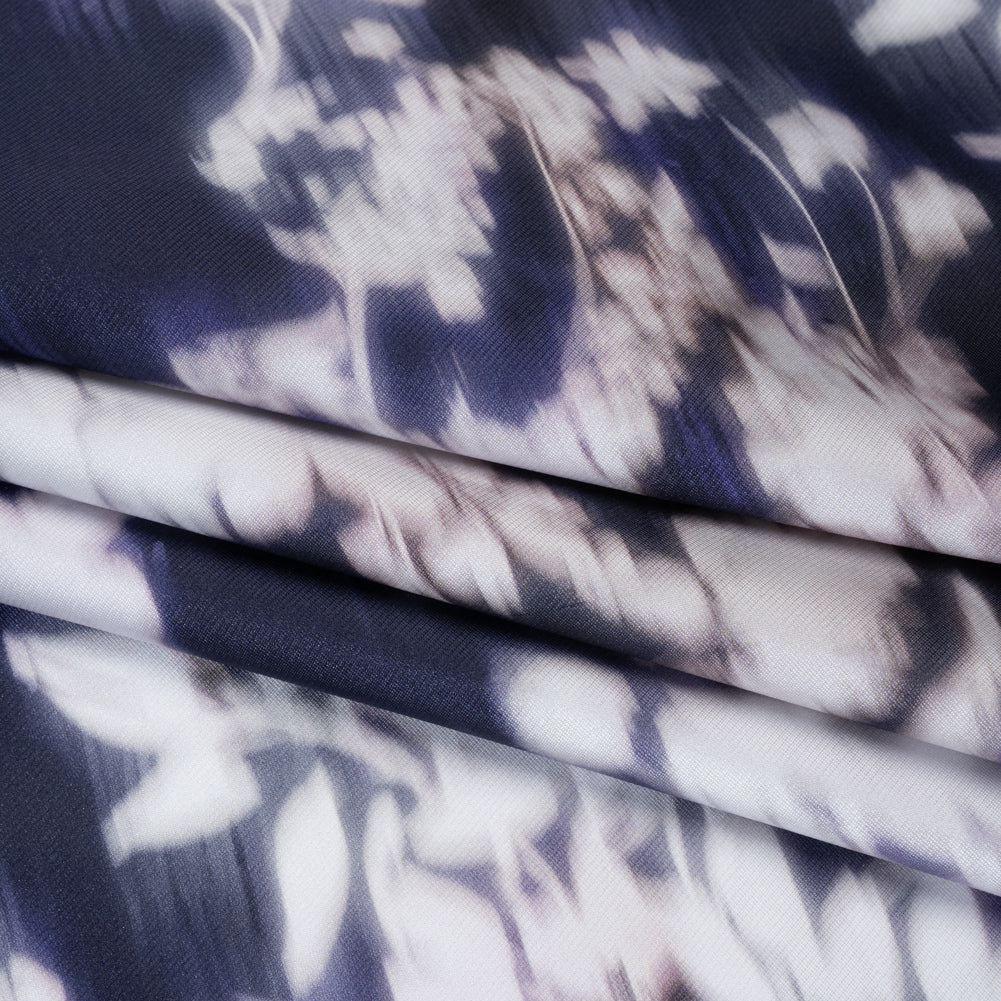 Polyester Mikado - Navy and White Ikat Floral Silhouettes - Mood Exclusive Glowscape Garden Print - Folded