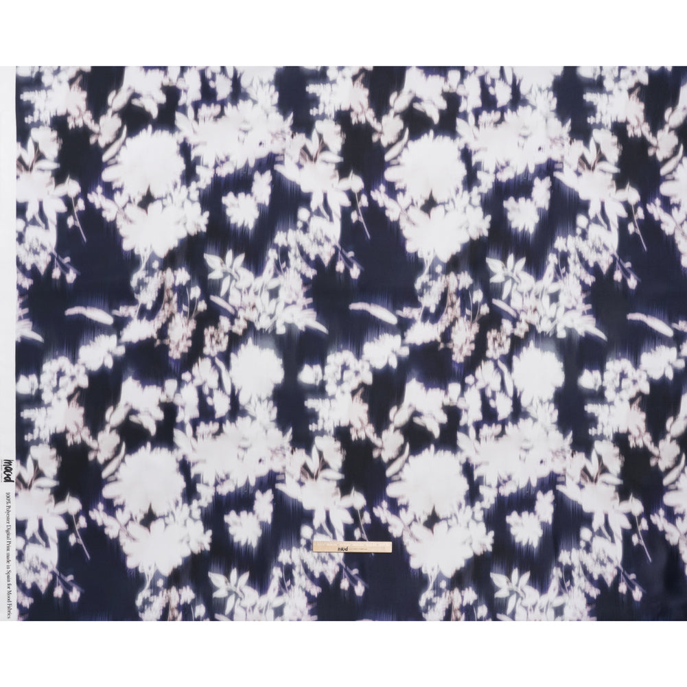 Polyester Mikado - Navy and White Ikat Floral Silhouettes - Mood Exclusive Glowscape Garden Print - Full