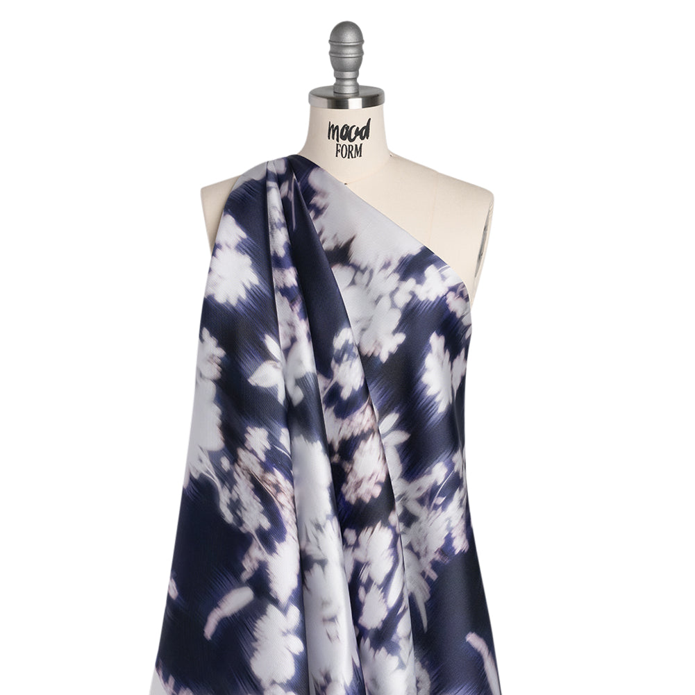 Polyester Mikado - Navy and White Ikat Floral Silhouettes - Mood Exclusive Glowscape Garden Print - Drape