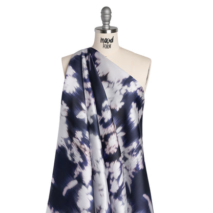 Polyester Mikado - Navy and White Ikat Floral Silhouettes - Mood Exclusive Glowscape Garden Print