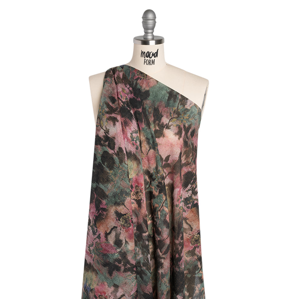 Cotton Voile - Rose, Forest Green and Black Ikat Floral Shadows - Mood Exclusive Eclipse Euphoria Print