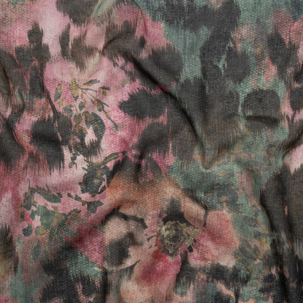 Cotton Voile - Rose, Forest Green and Black Ikat Floral Shadows - Mood Exclusive Eclipse Euphoria Print